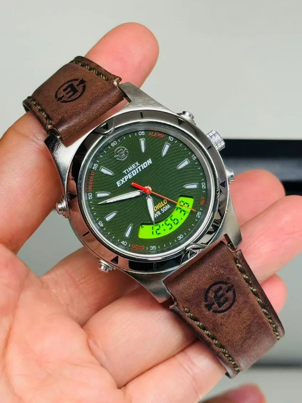 Vintage Timex Expedition Men’s Watch Green Dial Digital INDIGLO New Battery Runs